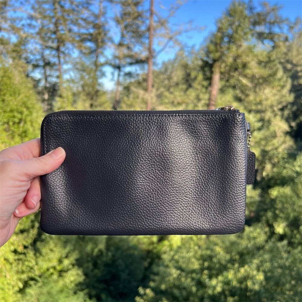 COACH Double Zip Wristlet Phone Wallet Navy Pebble Leather Gold Hardware AUTHNTC - Picture 2 of 12